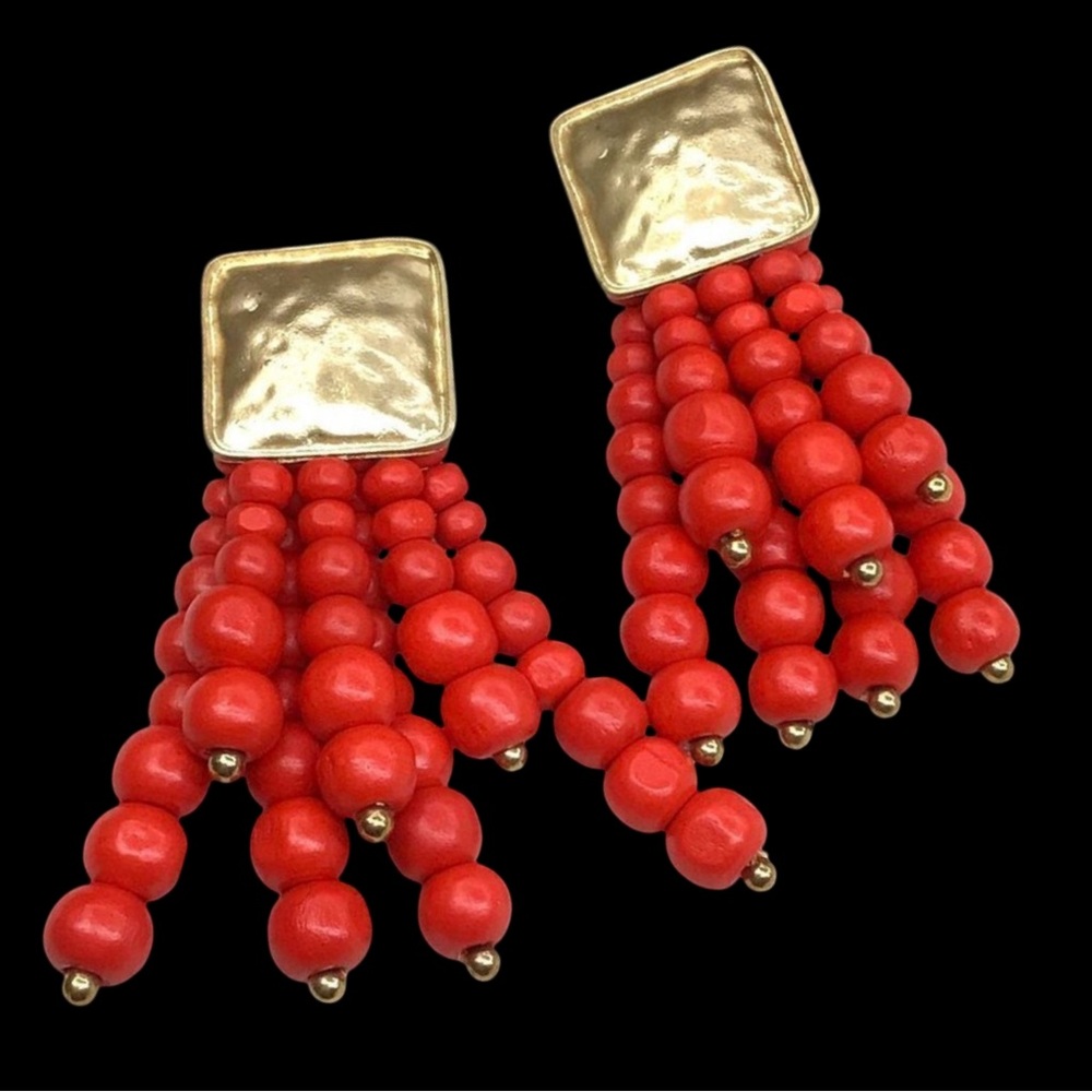 Boho Bamboo Beaded Tassel Earrings Gold Tone Red Orange